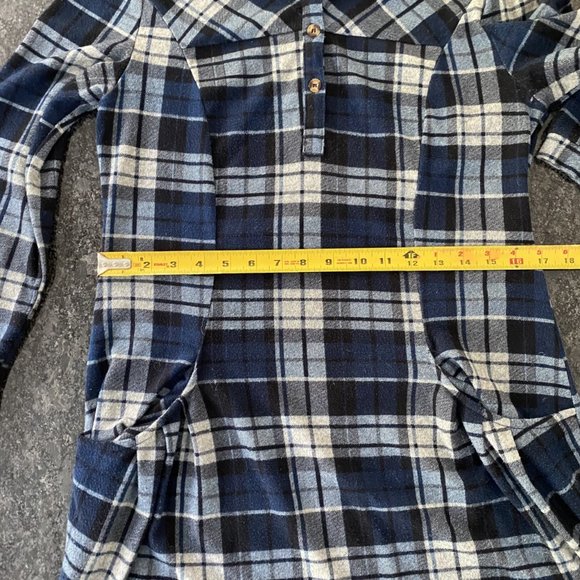 Navy Plaid Tunic Sweater W/Buttons and Collar-Pockets - Picture 9 of 10